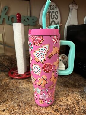 Pink Holiday Cookie Print Travel Tumbler with Mint Handle